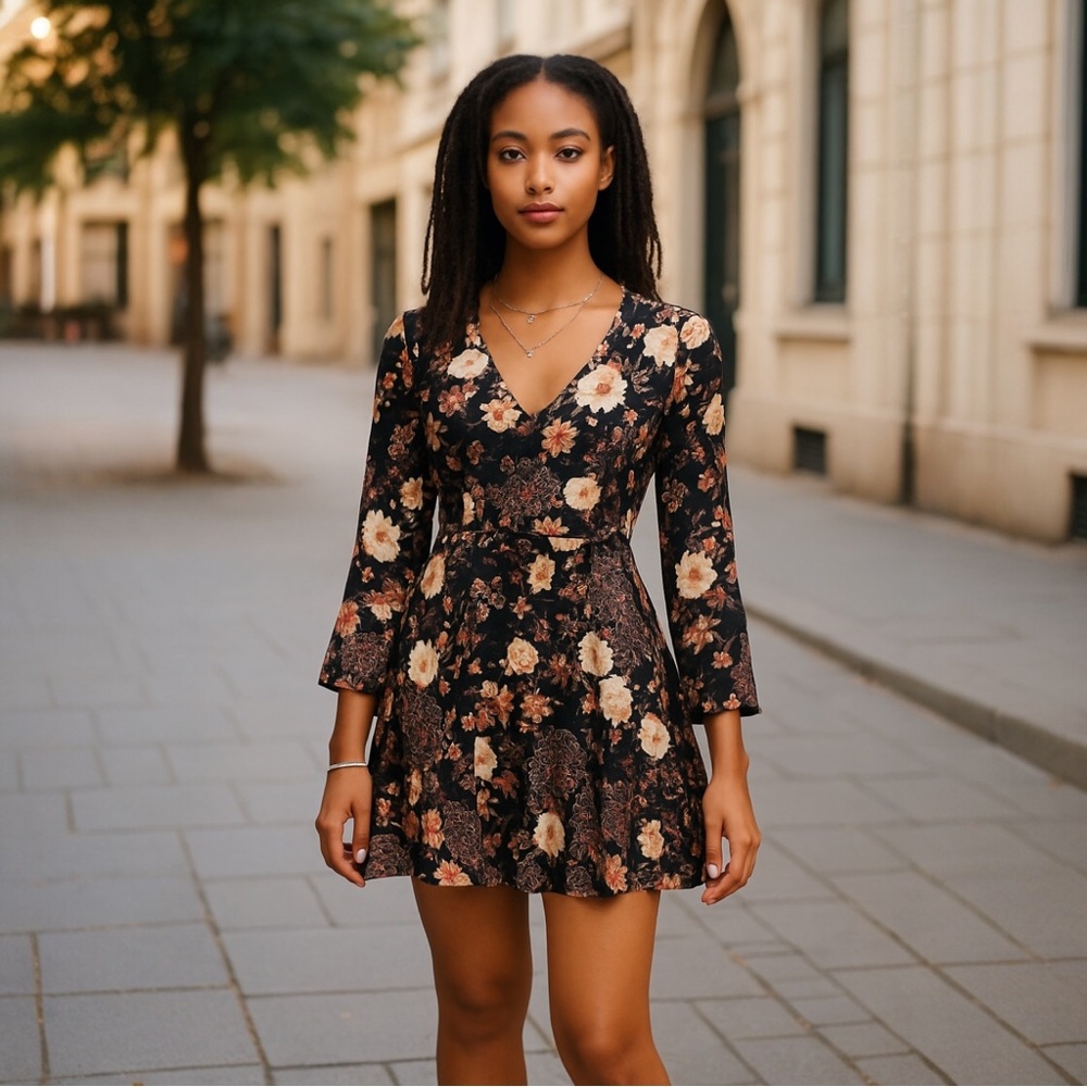 Abercrombie & Fitch Black Floral Print Long Sleeve Crepe Mini Dress | Size M